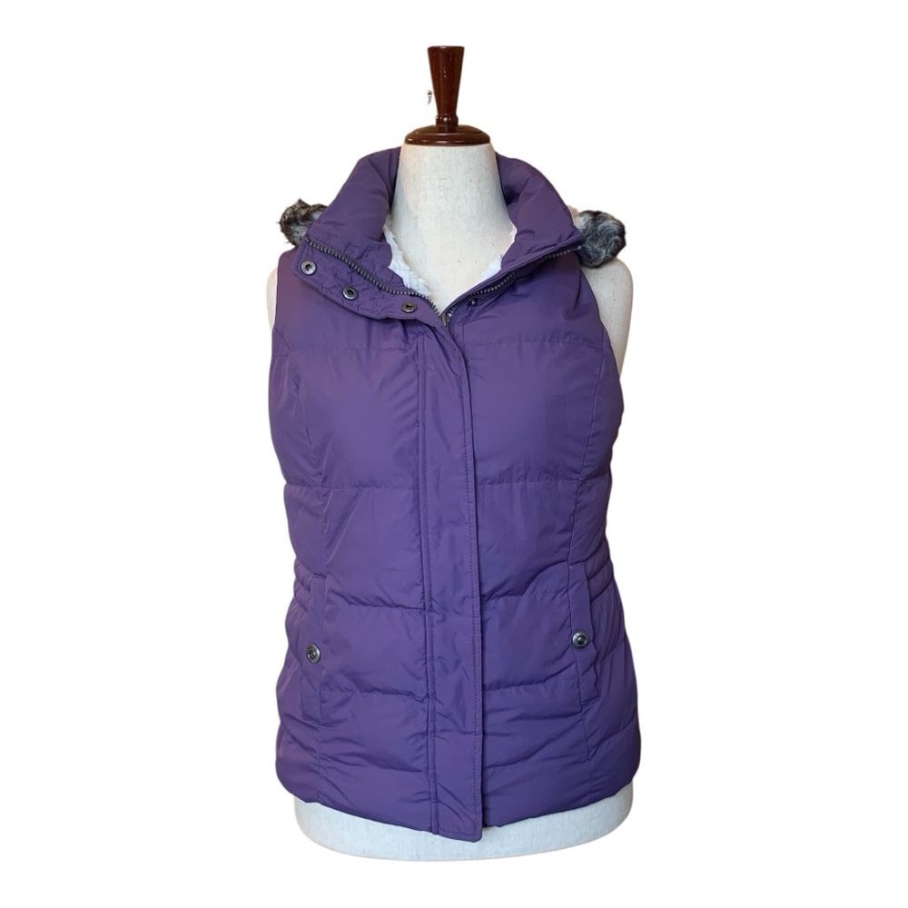 GreenTea Women's Lavender Puffer Vest Quilted Removable Fur Trimmed Hood Sz Med